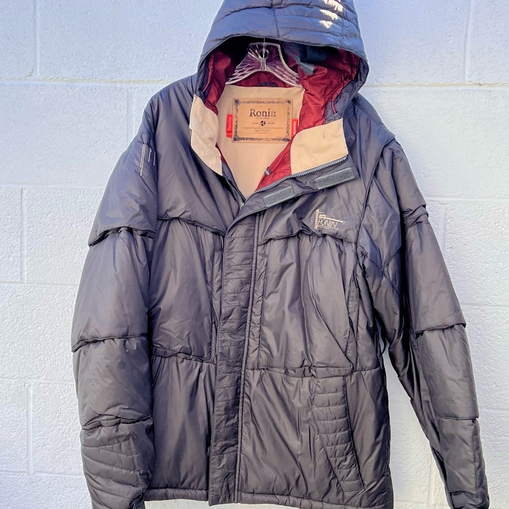 Gray Puffer Jacket with Hood and High Collar